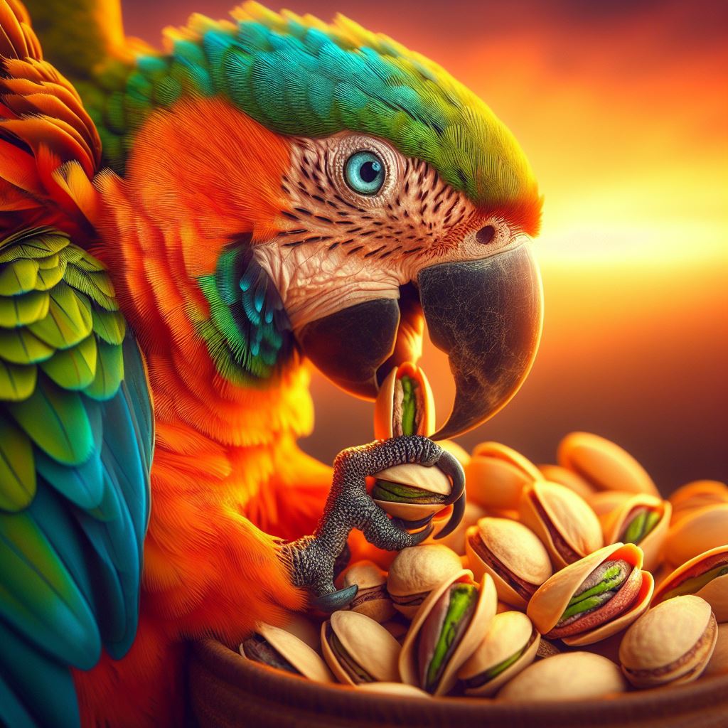 A vibrant parrot with colorful feathers enjoying a meal of Pistachios